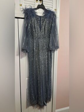 Elegant  Evening Gown - Gray with Feather Trim